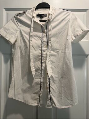 Love Moschino Short Sleeve Button Up Shirt White Black Piping Bow Tie Size 6